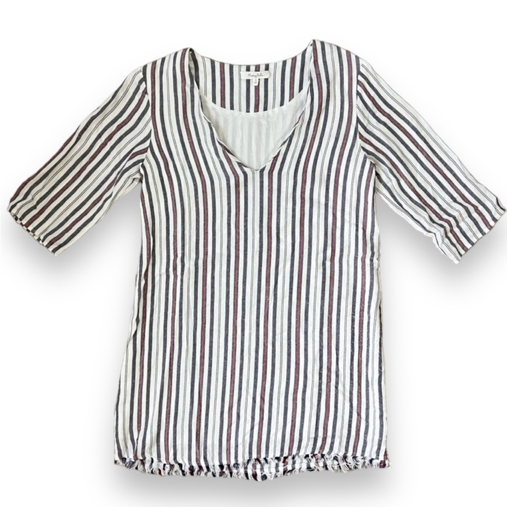 $10 FINAL PRICE Honey Belle boho tunic top white blue and red stripes raw hem